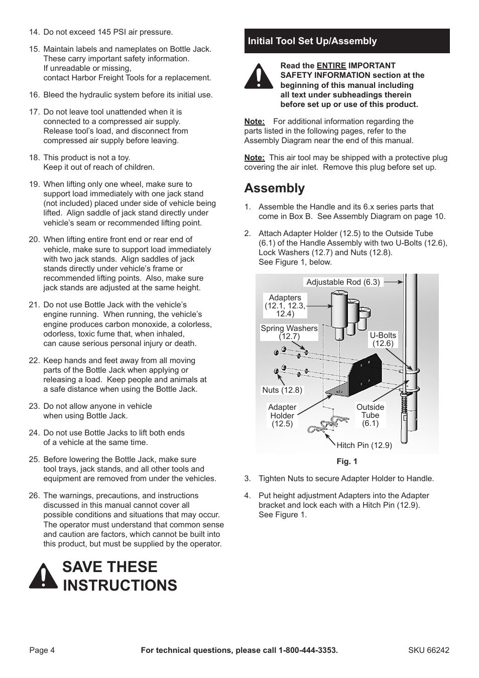 Save these instructions, Assembly | Harbor Freight Tools 66242 User Manual | Page 4 / 12