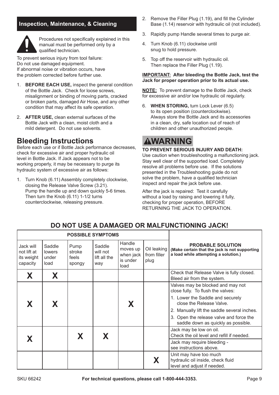 Bleeding instructions, Do not use a damaged or malfunctioning jack | Harbor Freight Tools 66242 User Manual | Page 9 / 12