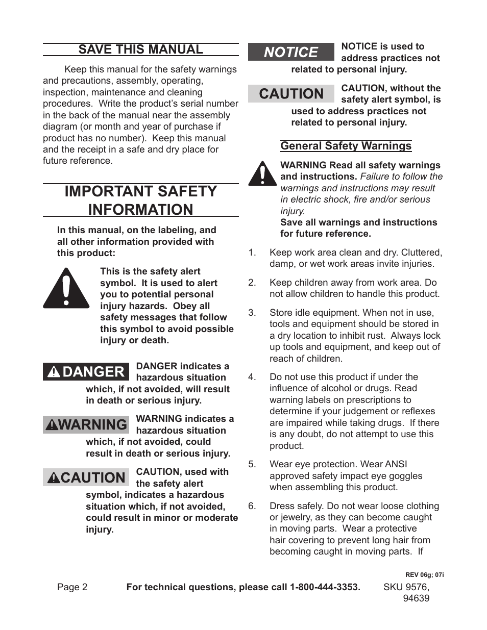 Important safety information, Save this manual | Harbor Freight Tools 9576 User Manual | Page 2 / 8