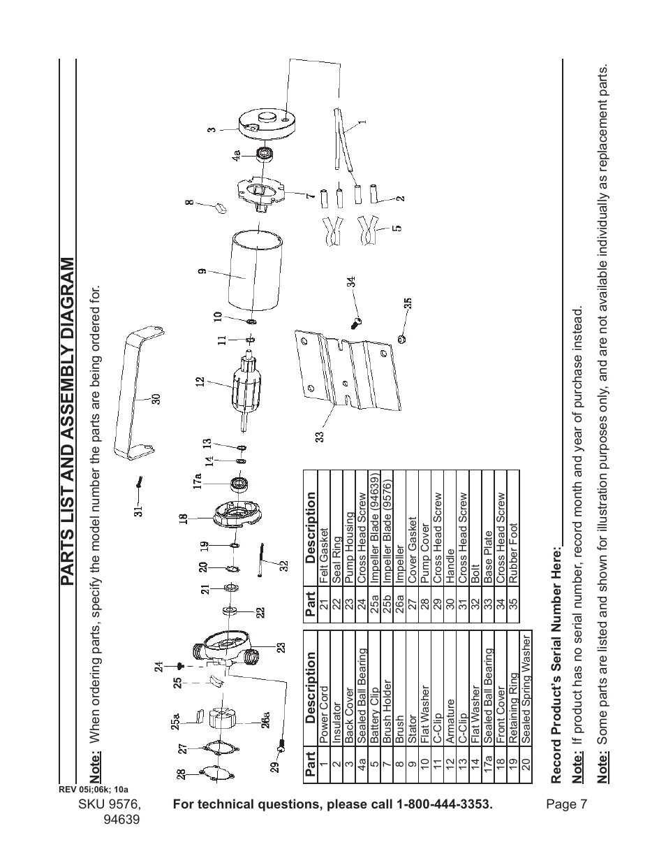 Par ts l is t an d asse mbl y di agra m | Harbor Freight Tools 9576 User Manual | Page 7 / 8