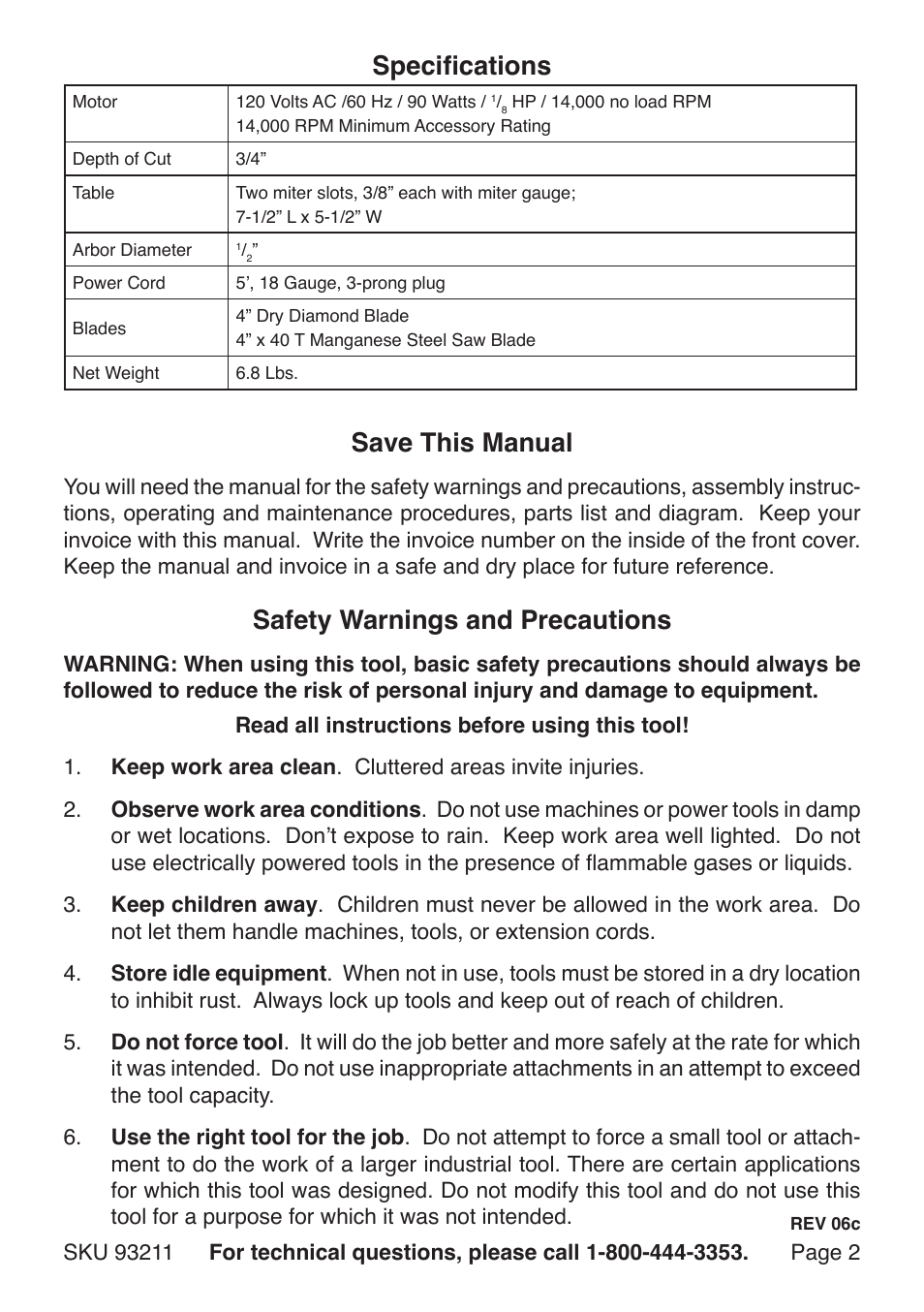 Save this manual, Safety warnings and precautions, Specifications | Harbor Freight Tools Chicago Electric 4" Table Saw with 2 Blades 93211 User Manual | Page 2 / 8