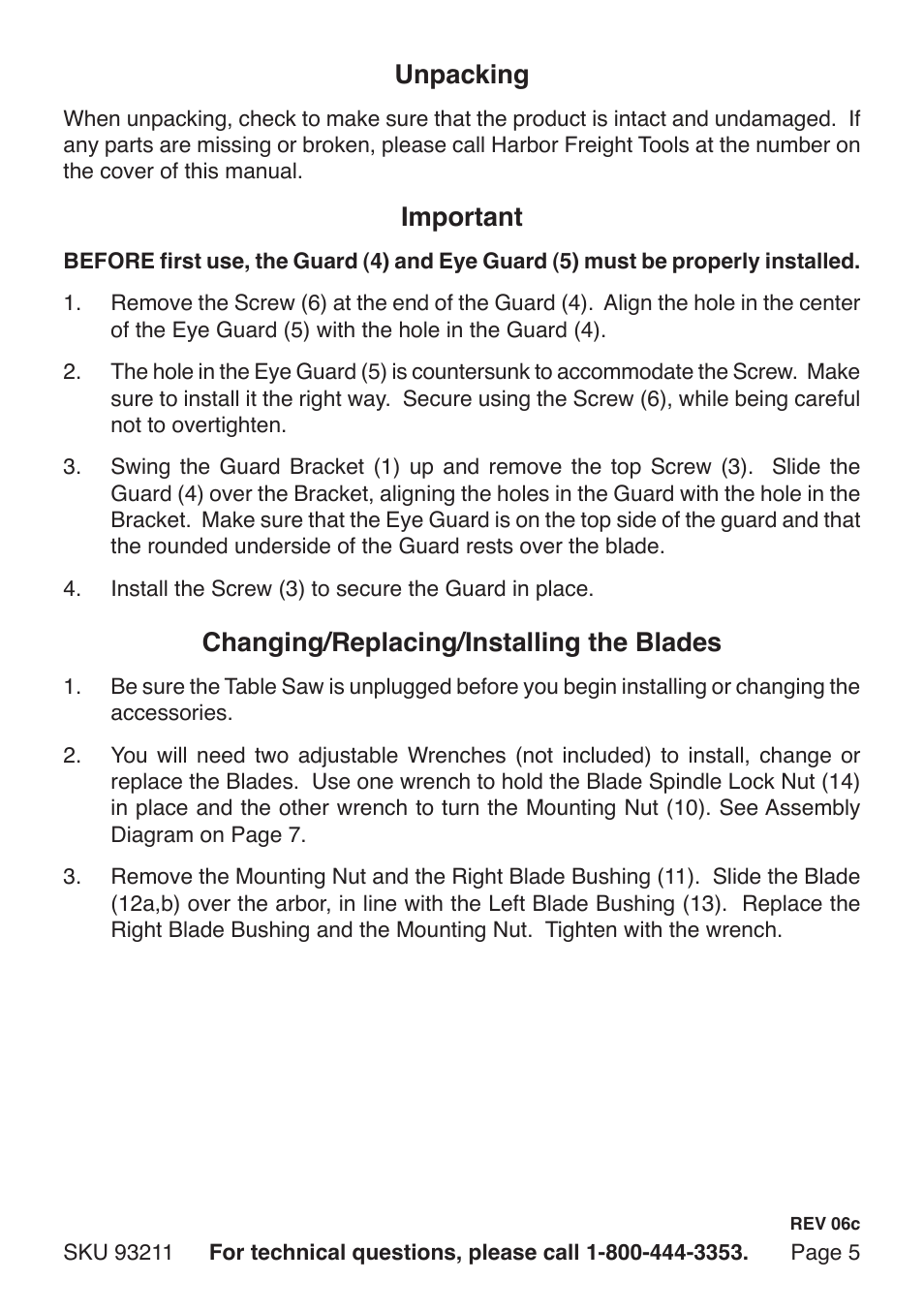 Important, Changing/replacing/installing the blades, Unpacking | Harbor Freight Tools Chicago Electric 4" Table Saw with 2 Blades 93211 User Manual | Page 5 / 8