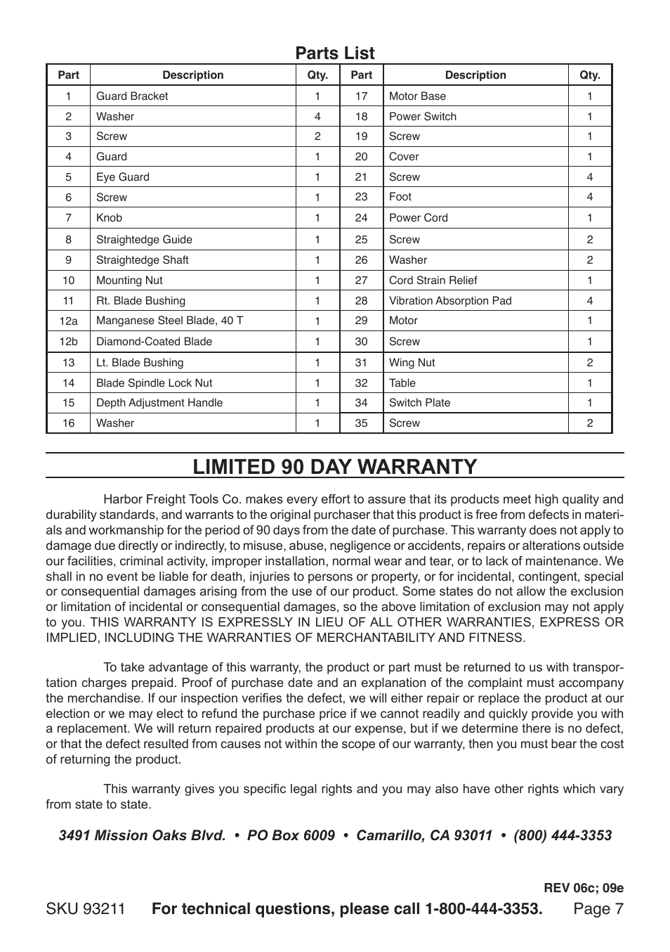 Limited 90 day warranty, Parts list | Harbor Freight Tools Chicago Electric 4" Table Saw with 2 Blades 93211 User Manual | Page 7 / 8