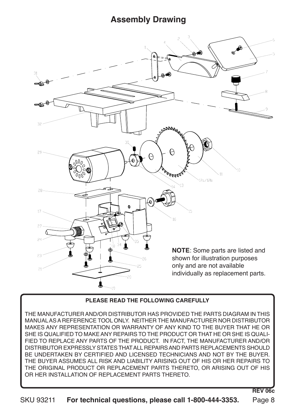 Assembly drawing | Harbor Freight Tools Chicago Electric 4" Table Saw with 2 Blades 93211 User Manual | Page 8 / 8