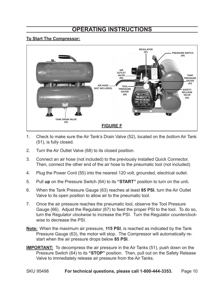 Operating instructions | Harbor Freight Tools 95498 User Manual | Page 10 / 15