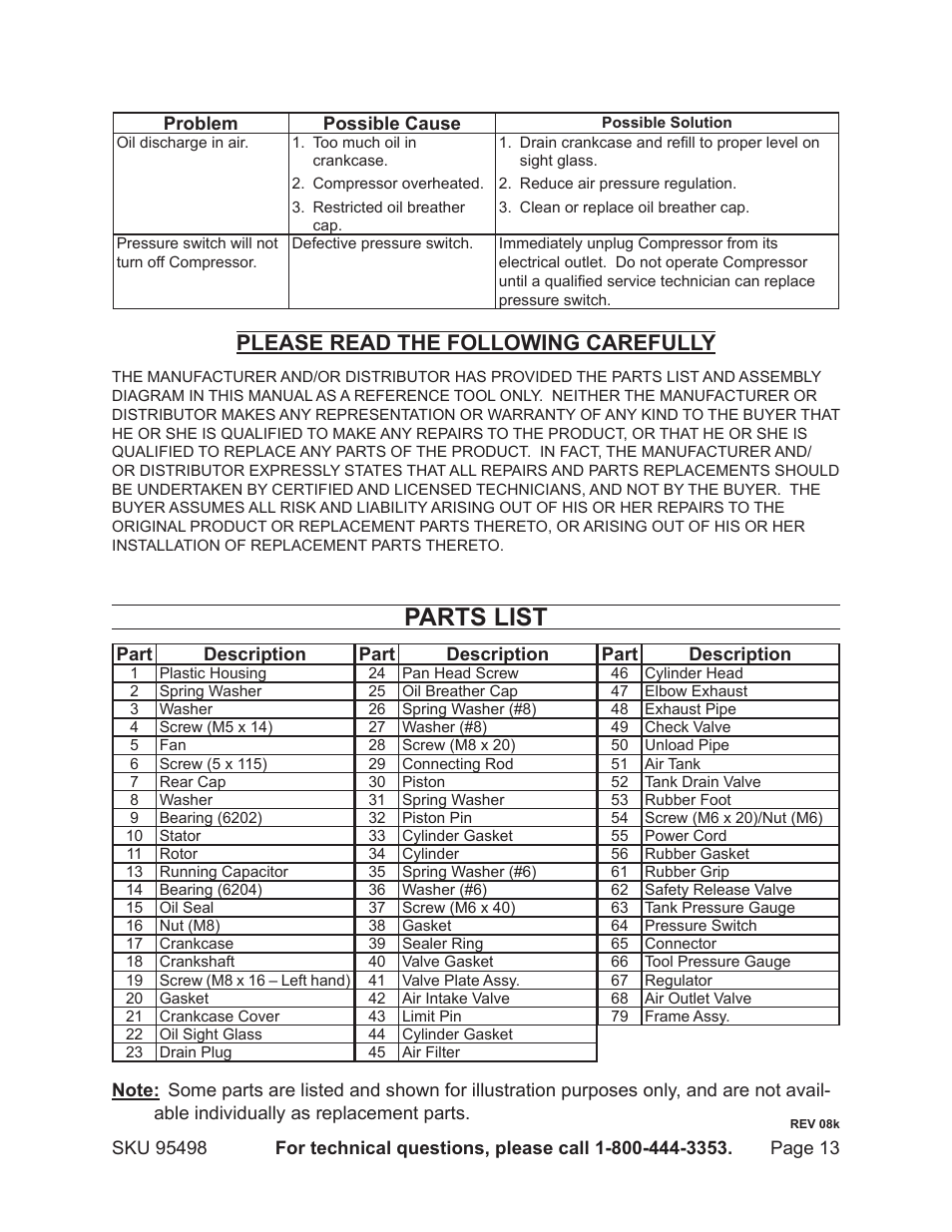 Parts list, Please read the following carefully | Harbor Freight Tools 95498 User Manual | Page 13 / 15