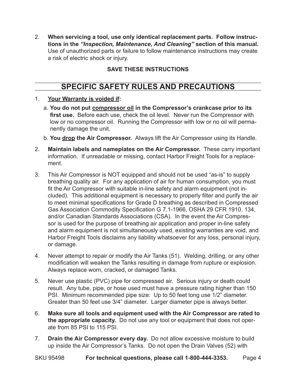 Specific safety rules and precautions | Harbor Freight Tools 95498 User Manual | Page 4 / 15