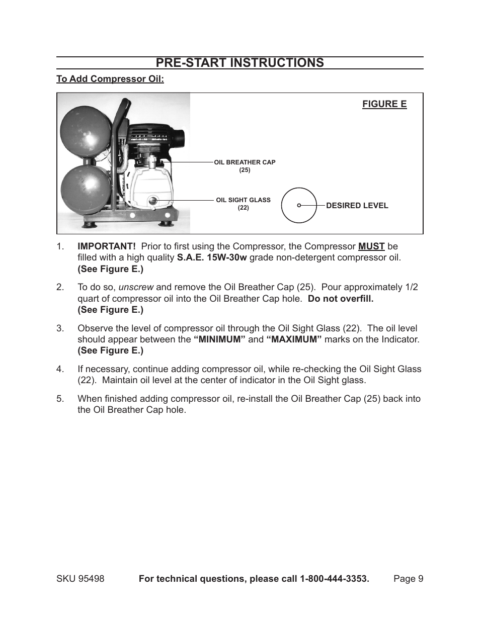 Pre-start instructions | Harbor Freight Tools 95498 User Manual | Page 9 / 15