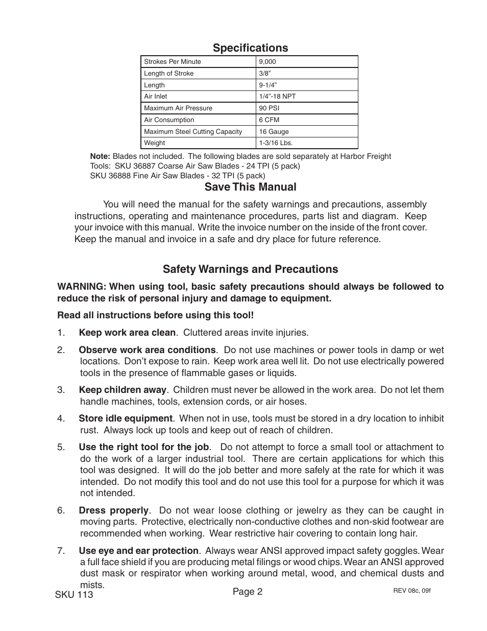 Specifications save this manual, Safety warnings and precautions | Harbor Freight Tools 113 User Manual | Page 2 / 8