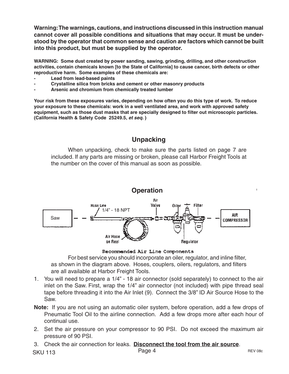 Operation, Unpacking | Harbor Freight Tools 113 User Manual | Page 4 / 8