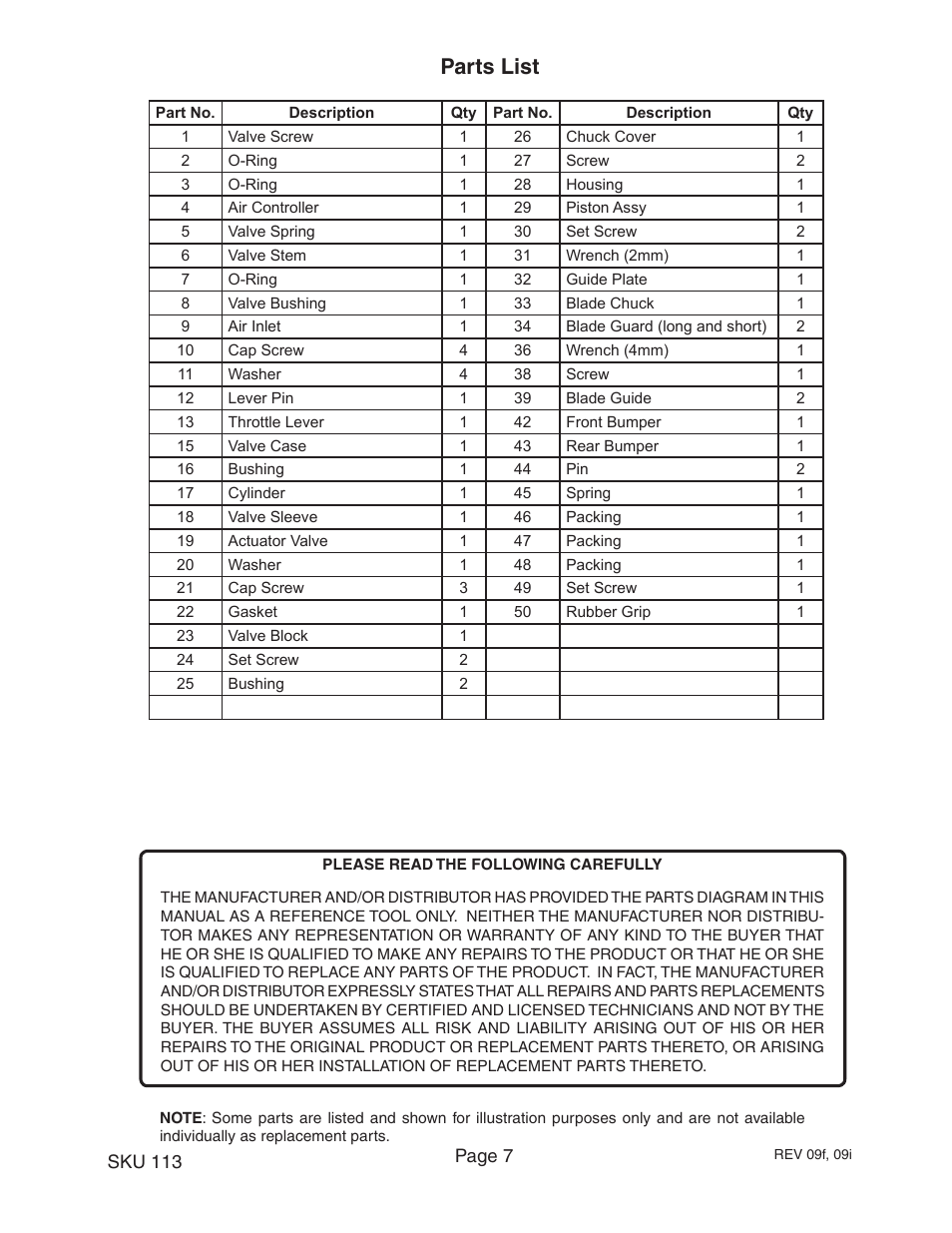 Parts list | Harbor Freight Tools 113 User Manual | Page 7 / 8