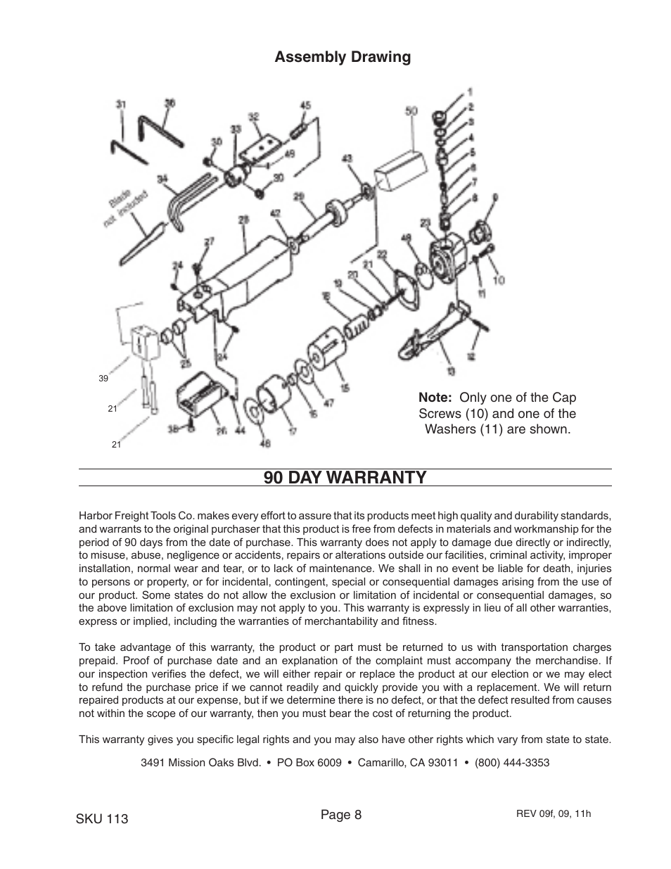 90 day warranty, Assembly drawing | Harbor Freight Tools 113 User Manual | Page 8 / 8