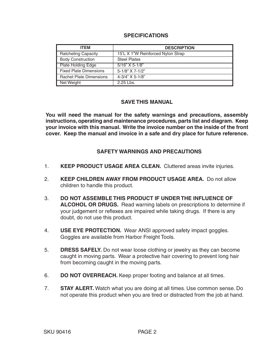 Harbor Freight Tools 90416 User Manual | Page 2 / 5