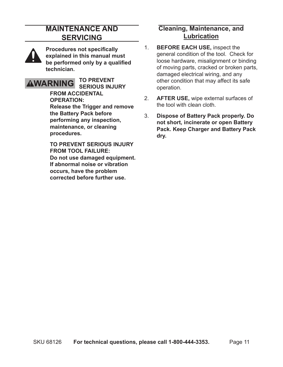 Maintenance and servicing | Harbor Freight Tools 68126 User Manual | Page 11 / 14
