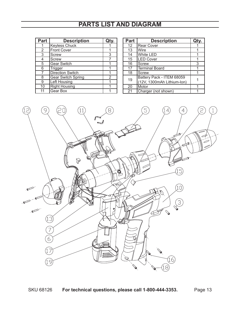 Parts list and diagram | Harbor Freight Tools 68126 User Manual | Page 13 / 14