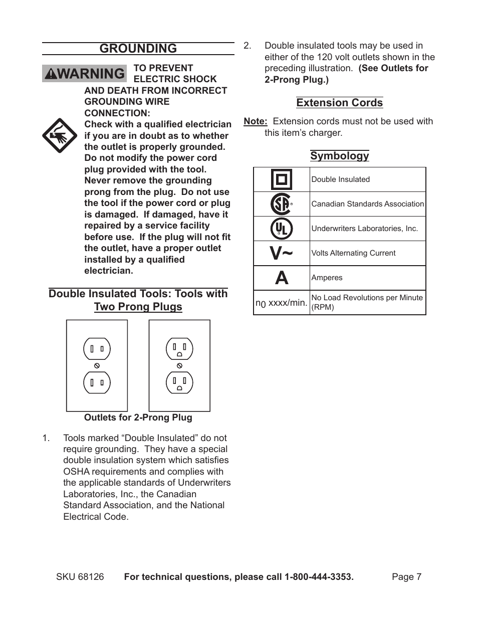 Grounding | Harbor Freight Tools 68126 User Manual | Page 7 / 14