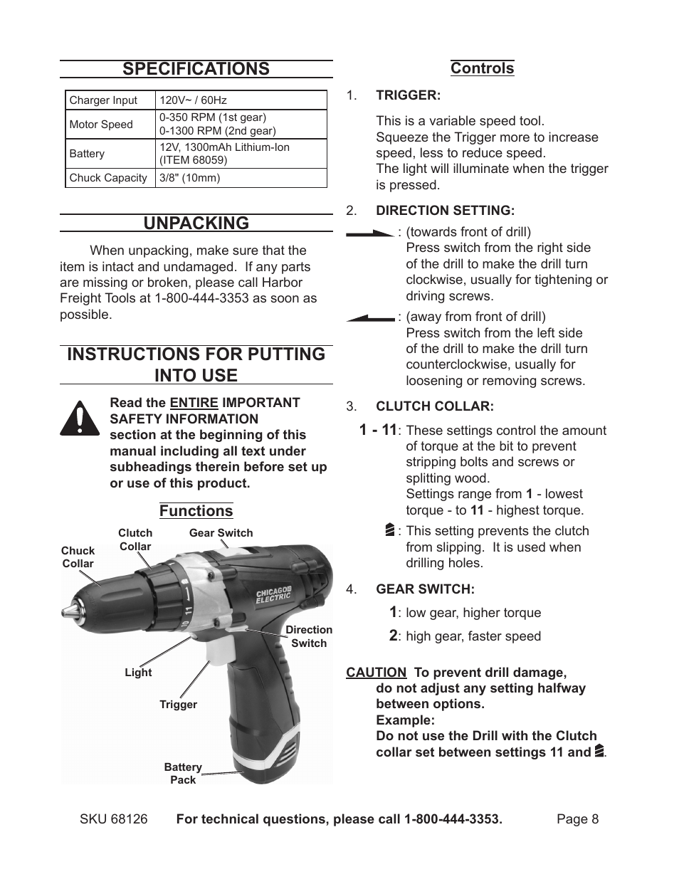 Specifications, Unpacking, Instructions for putting into use | Harbor Freight Tools 68126 User Manual | Page 8 / 14