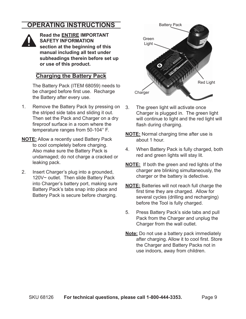 Operating instructions | Harbor Freight Tools 68126 User Manual | Page 9 / 14