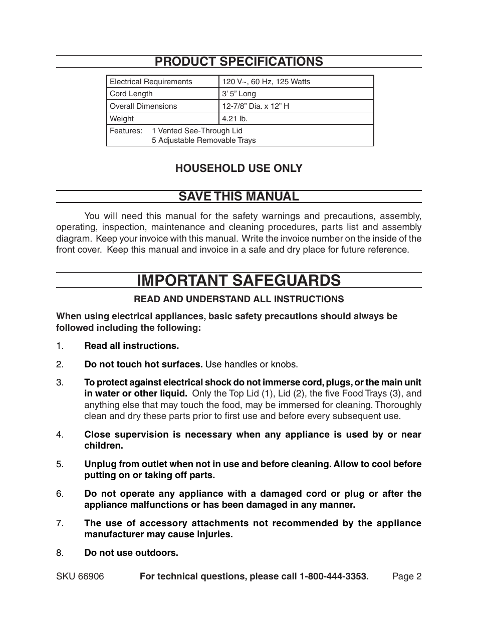 Important safeguards, Product specifications, Save this manual | Harbor Freight Tools 66906 User Manual | Page 2 / 9