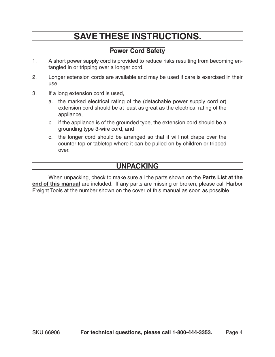 Save these instructions, Unpacking | Harbor Freight Tools 66906 User Manual | Page 4 / 9