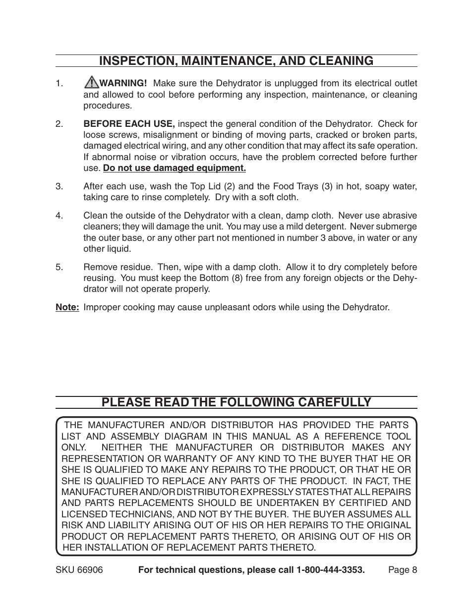 Inspection, maintenance, and cleaning, Please read the following carefully | Harbor Freight Tools 66906 User Manual | Page 8 / 9