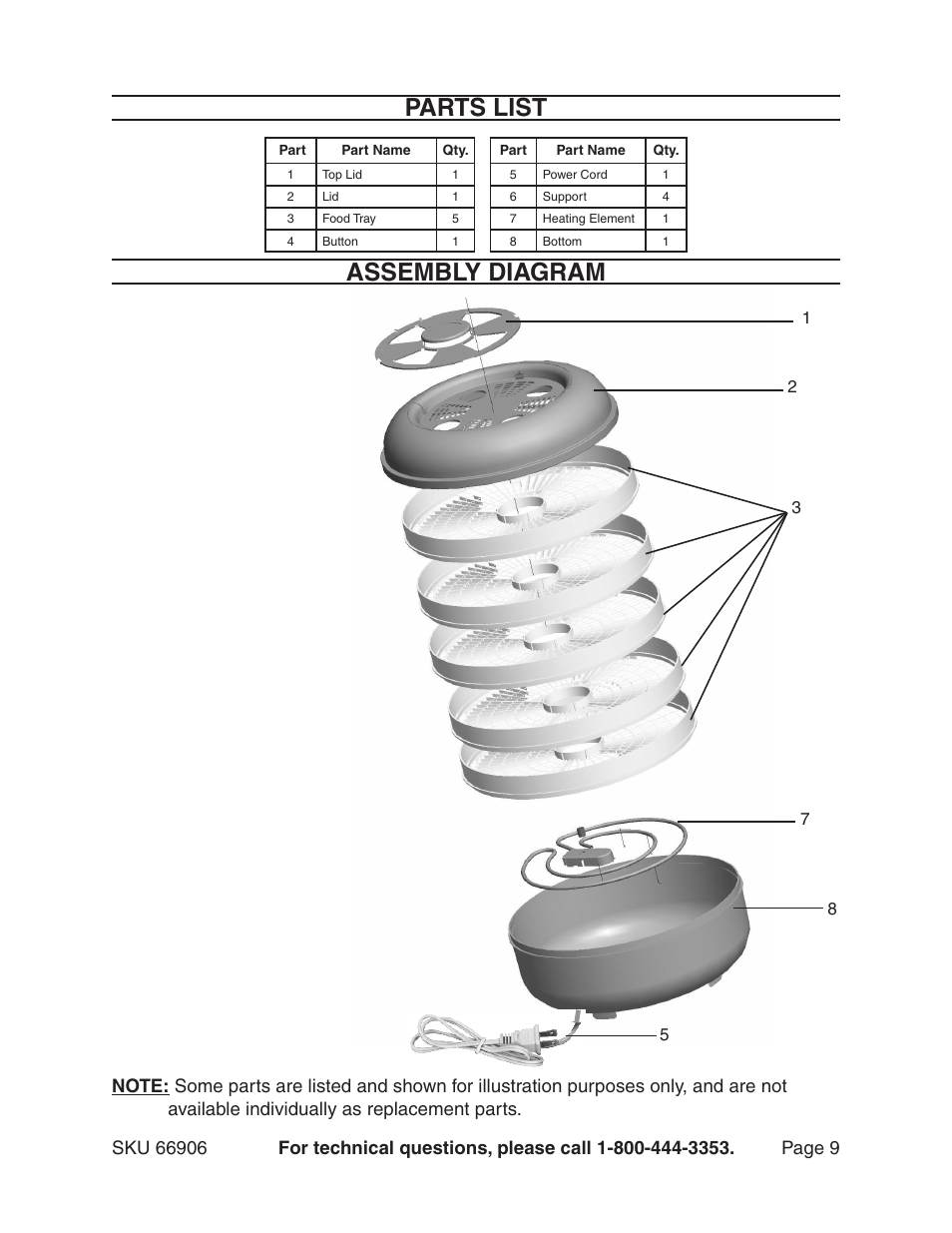 Assembly diagram, Parts list | Harbor Freight Tools 66906 User Manual | Page 9 / 9