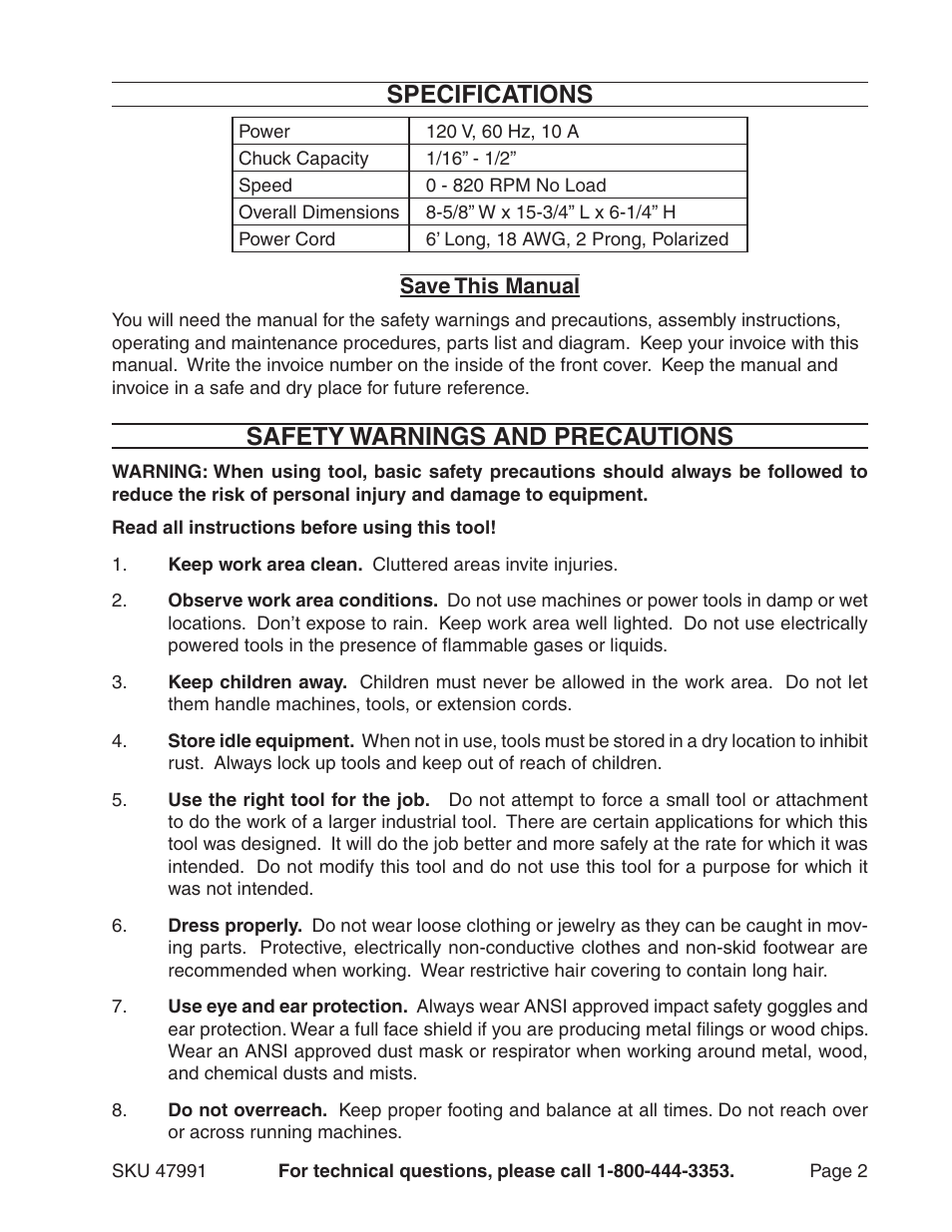 Specifications, Safety warnings and precautions | Harbor Freight Tools 47991 User Manual | Page 2 / 8