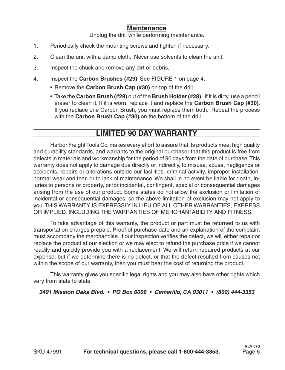 Limited 90 day warranty | Harbor Freight Tools 47991 User Manual | Page 6 / 8