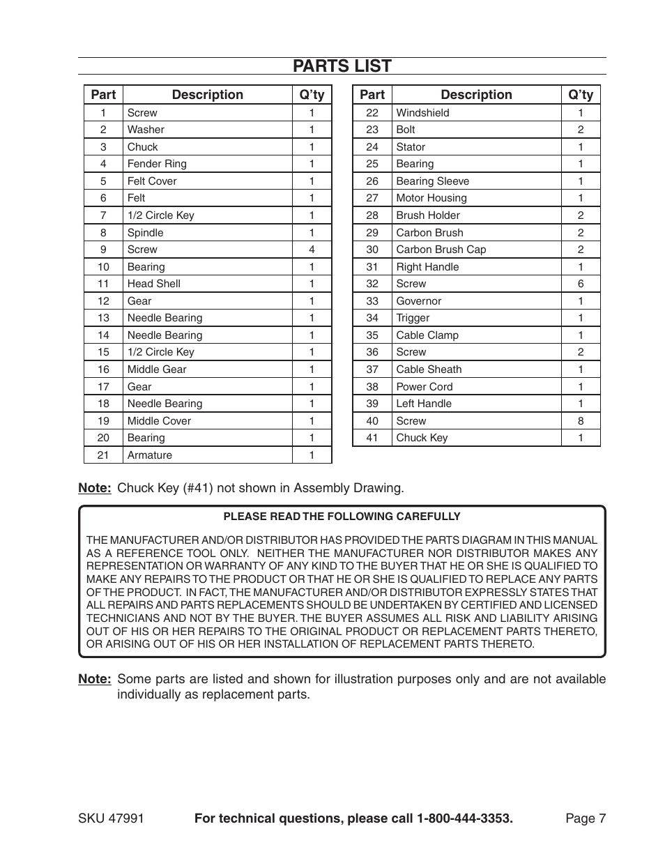 Parts list | Harbor Freight Tools 47991 User Manual | Page 7 / 8