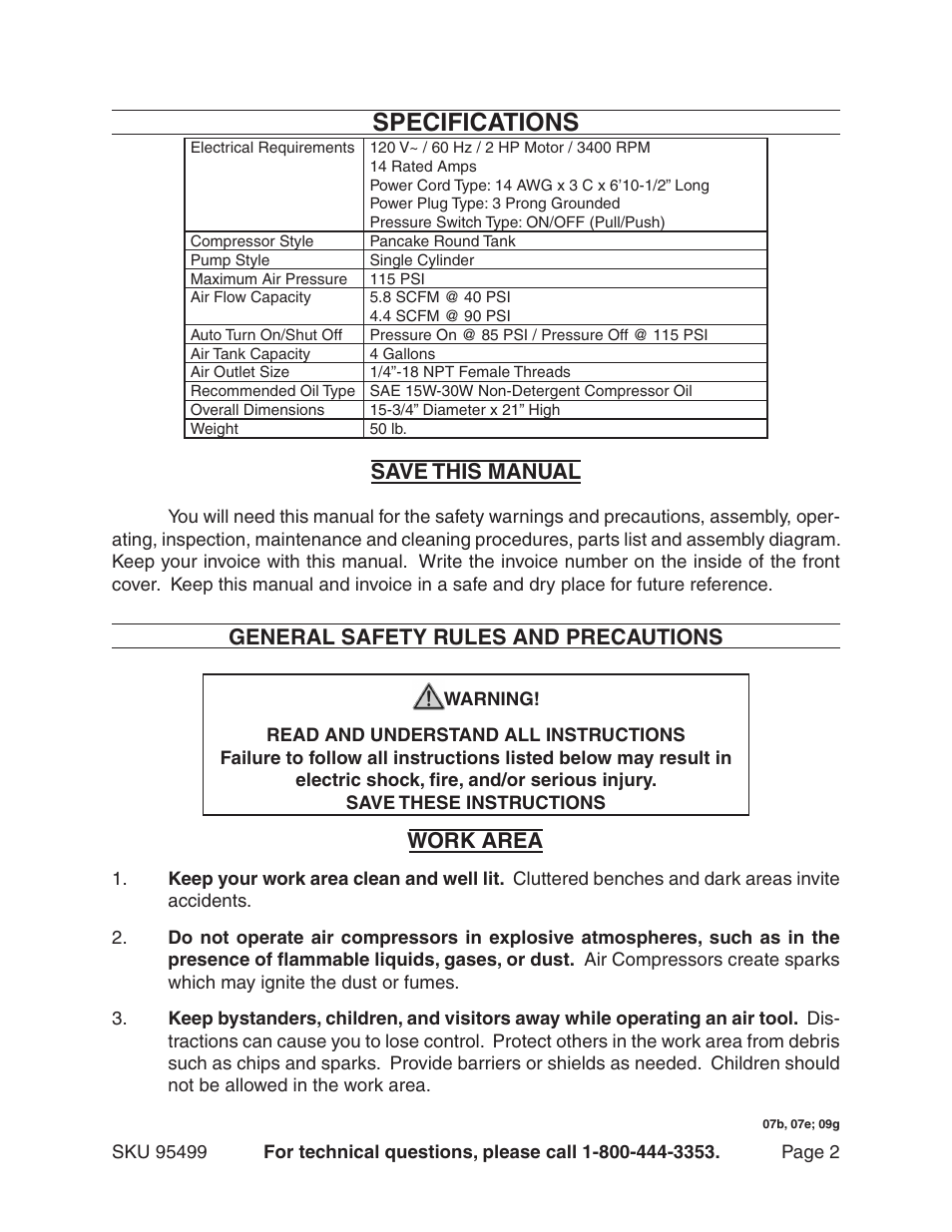 Specifications, Save this manual, General safety rules and precautions | Work area | Harbor Freight Tools CENTRAL PNEUMATIC 95499 User Manual | Page 2 / 14
