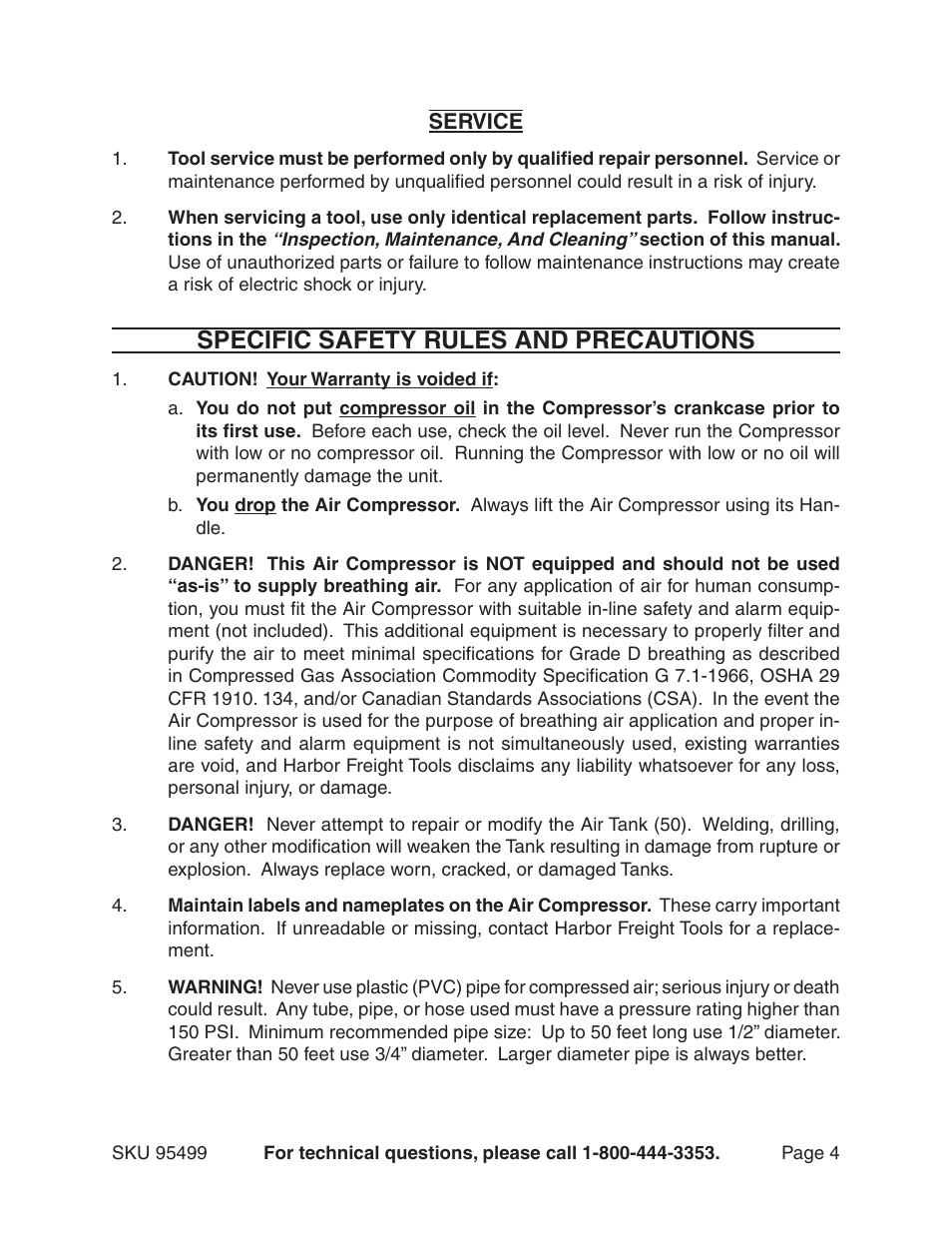 Specific safety rules and precautions | Harbor Freight Tools CENTRAL PNEUMATIC 95499 User Manual | Page 4 / 14