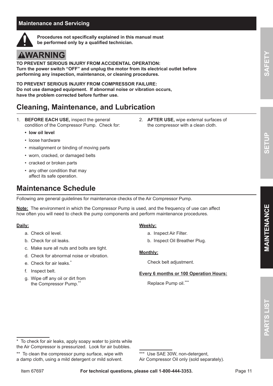 Cleaning, maintenance, and lubrication, Maintenance schedule, Safet y m aintenan c e parts list setup | Harbor Freight Tools 67697 User Manual | Page 11 / 16
