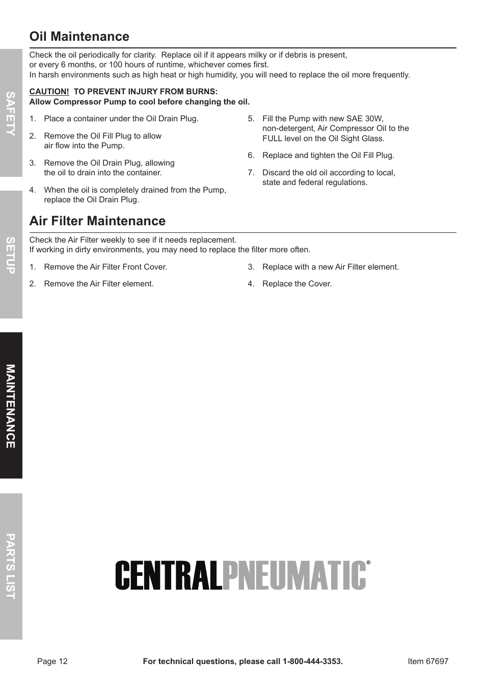 Oil maintenance, Air filter maintenance, Safet y m aintenan c e parts list setup | Harbor Freight Tools 67697 User Manual | Page 12 / 16
