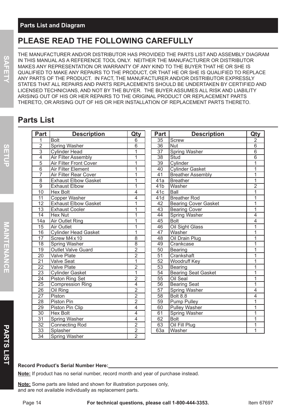 Please read the following carefully, Parts list, Safet y m aintenan c e parts list setup | Harbor Freight Tools 67697 User Manual | Page 14 / 16