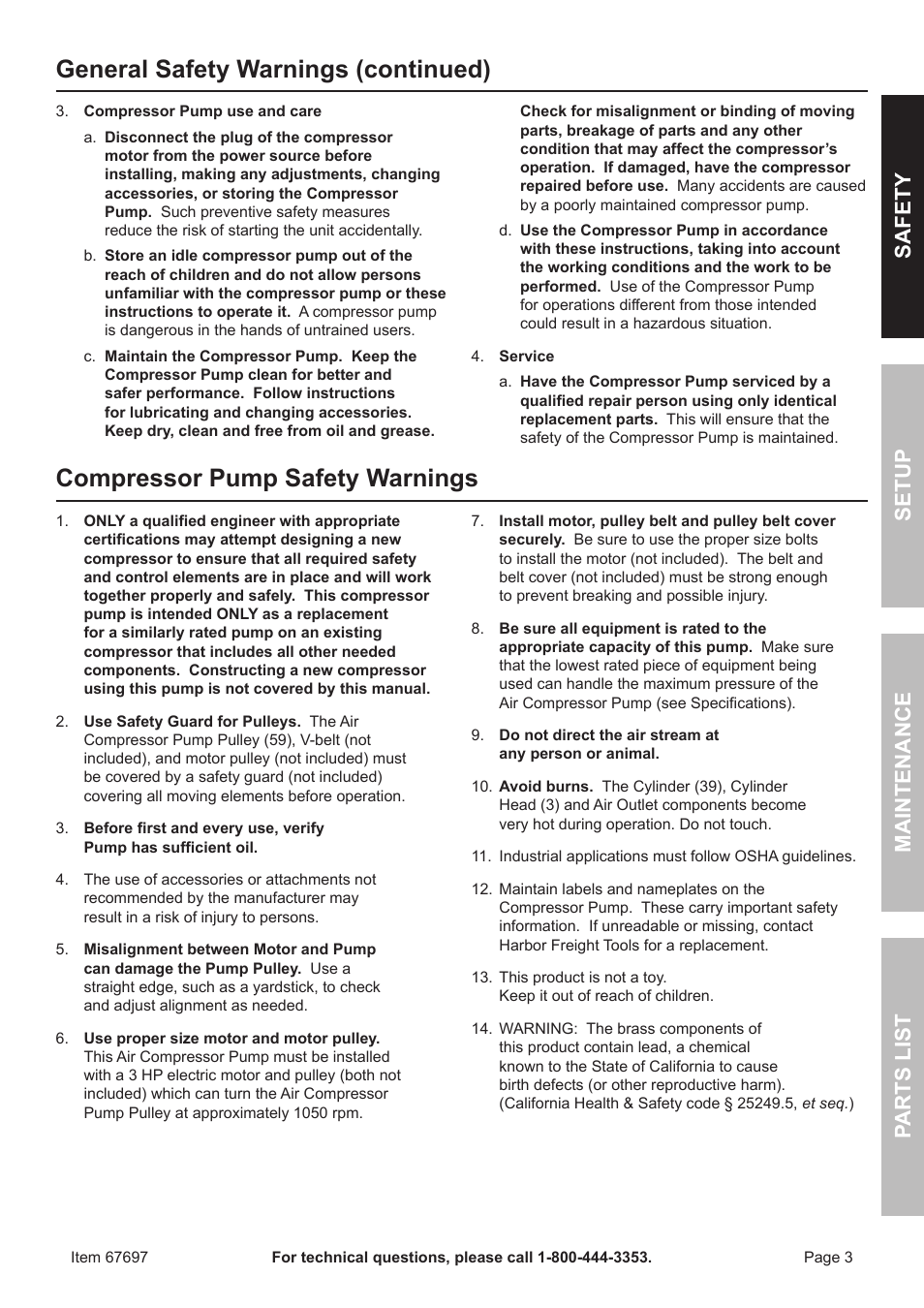 General safety warnings (continued), Compressor pump safety warnings, Safet y m aintenan c e parts list setup | Harbor Freight Tools 67697 User Manual | Page 3 / 16