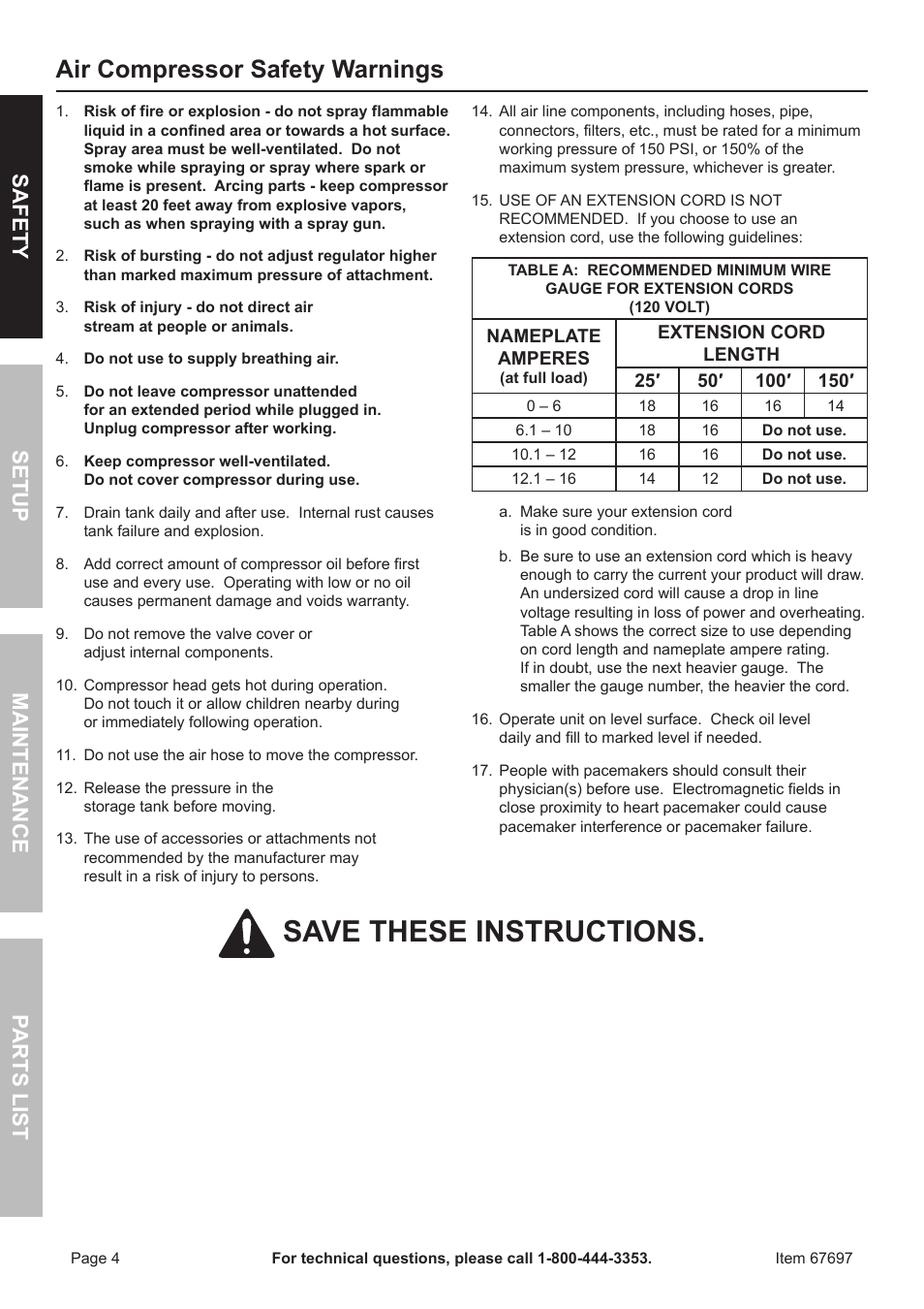 Save these instructions, Air compressor safety warnings, Safet y m aintenan c e parts list setup | Harbor Freight Tools 67697 User Manual | Page 4 / 16