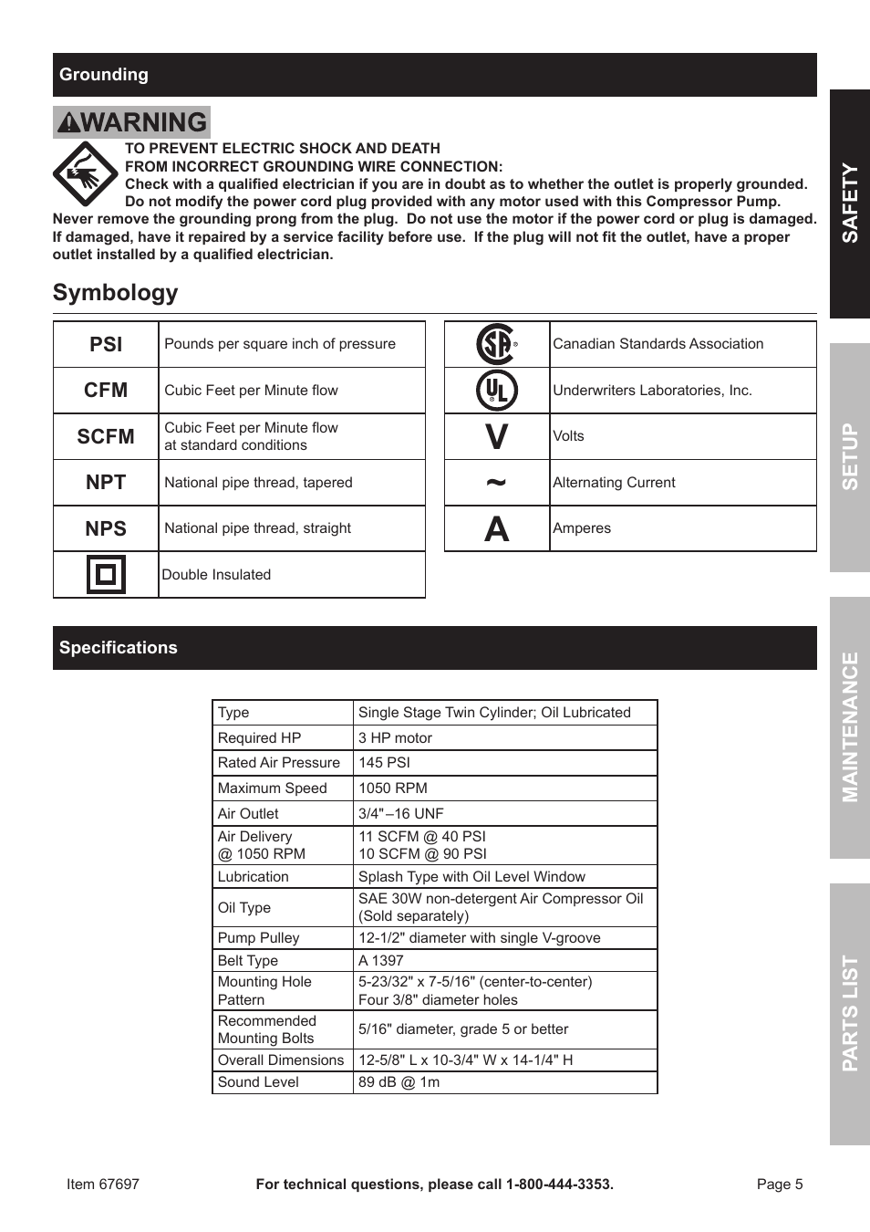 Symbology, Safet y m aintenan c e parts list setup, Scfm | Harbor Freight Tools 67697 User Manual | Page 5 / 16
