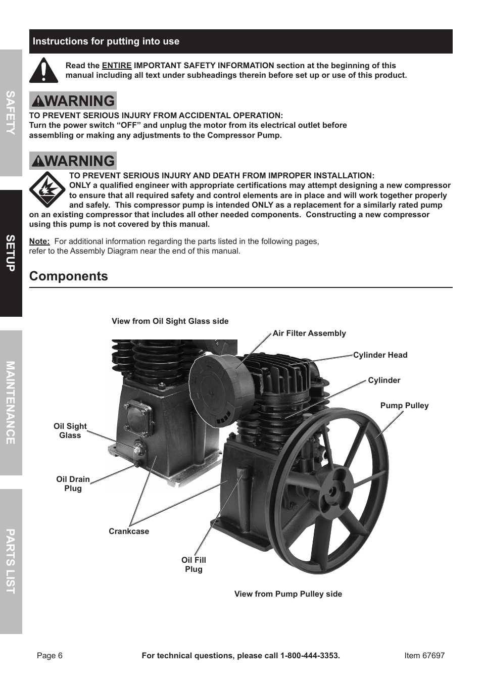 Components, Safet y m aintenan c e parts list setup | Harbor Freight Tools 67697 User Manual | Page 6 / 16