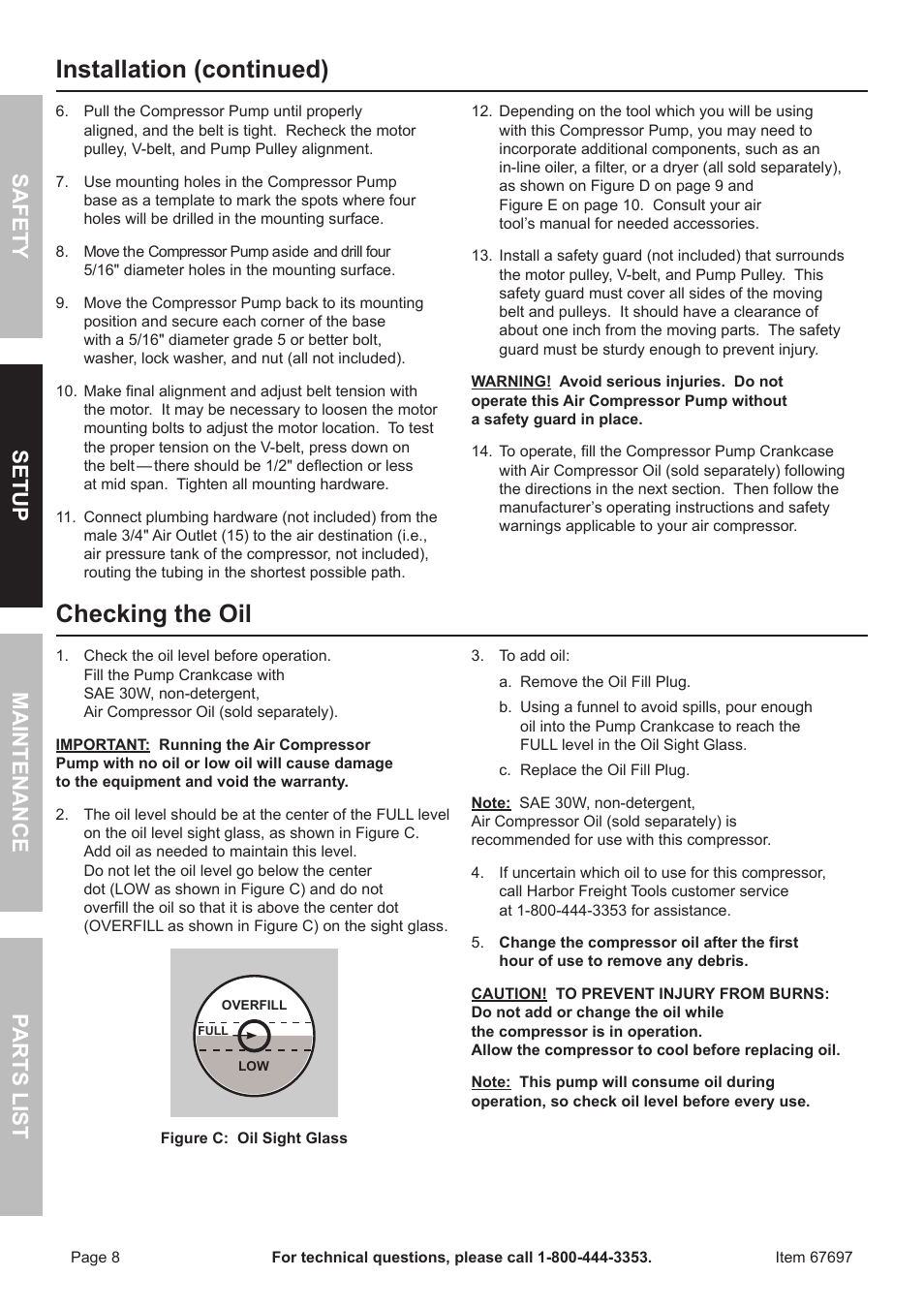 Installation (continued), Checking the oil, Safet y m aintenan c e parts list setup | Harbor Freight Tools 67697 User Manual | Page 8 / 16
