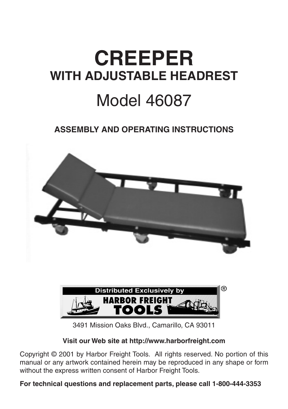 Harbor Freight Tools Creeper With Adjustable Headrest 46087 User Manual | 4 pages