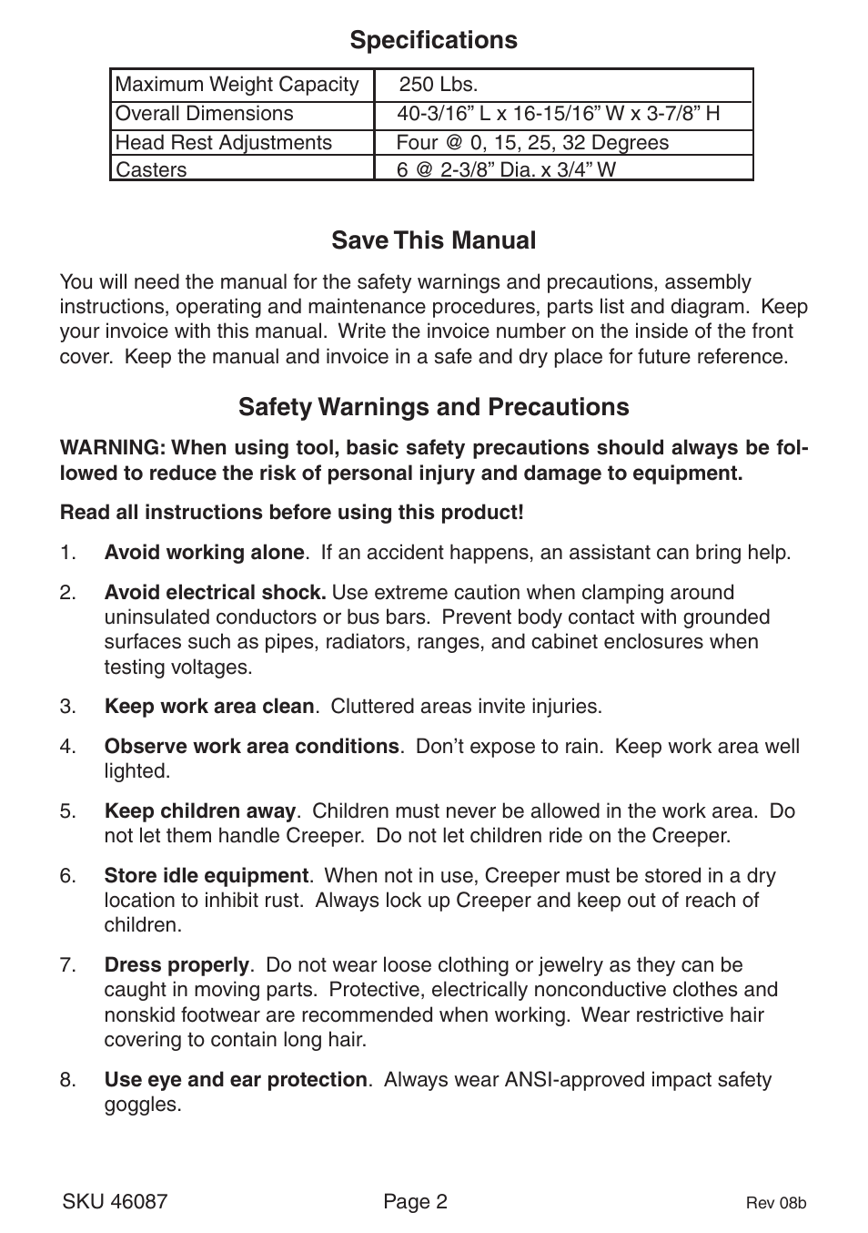 Save this manual, Safety warnings and precautions, Specifications | Harbor Freight Tools Creeper With Adjustable Headrest 46087 User Manual | Page 2 / 4