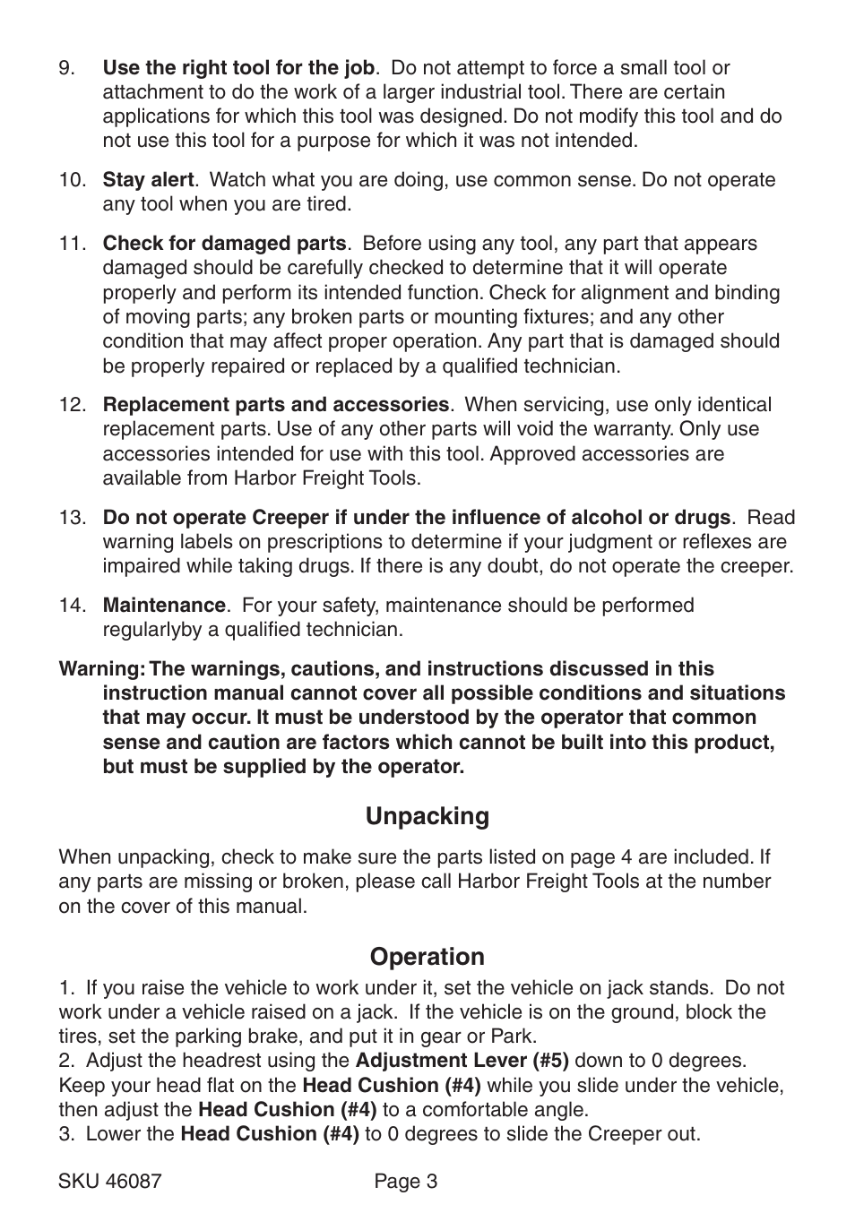 Unpacking, Operation | Harbor Freight Tools Creeper With Adjustable Headrest 46087 User Manual | Page 3 / 4