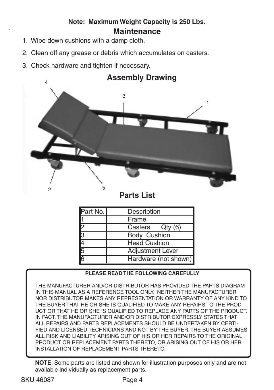 Assembly drawing parts list, Maintenance | Harbor Freight Tools Creeper With Adjustable Headrest 46087 User Manual | Page 4 / 4