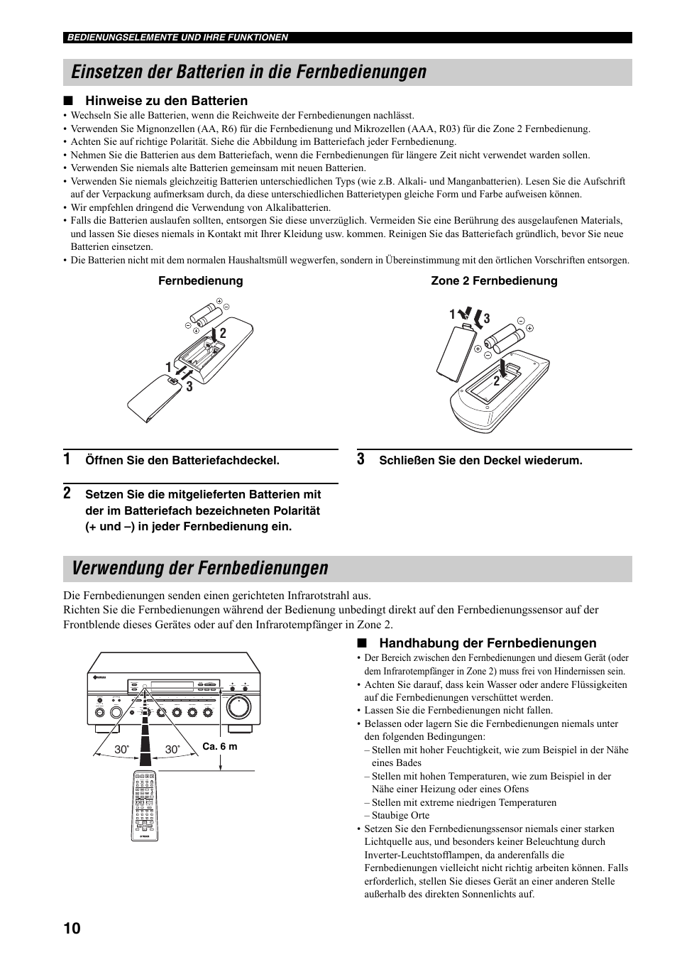 Einsetzen der batterien in die fernbedienungen, Verwendung der fernbedienungen, Hinweise zu den batterien | Handhabung der fernbedienungen | Yamaha RX-797 User Manual | Page 100 / 266