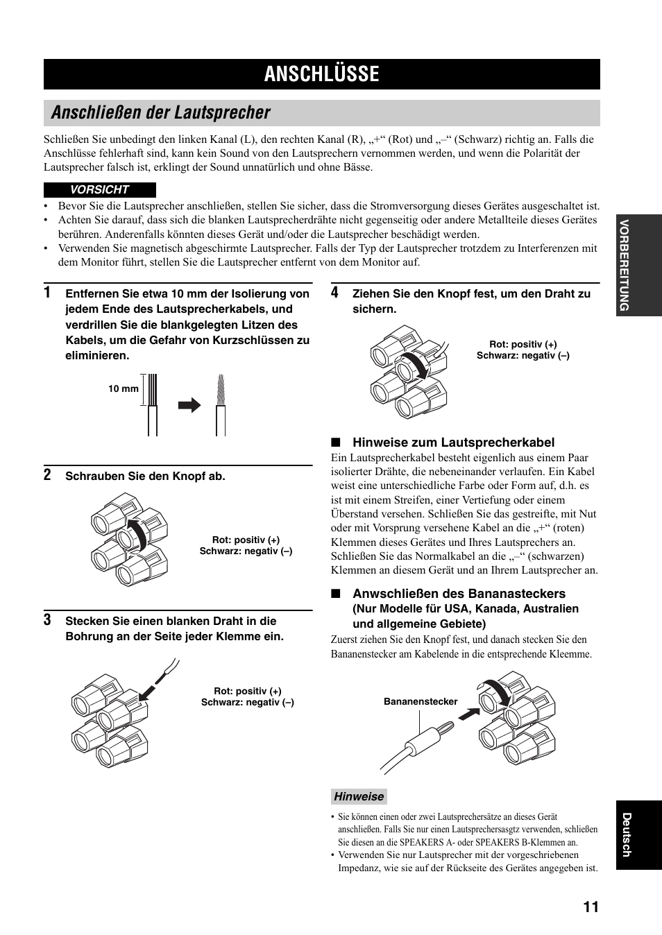 Vorbereitung, Anschlüsse, Anschließen der lautsprecher | Siehe seite 11 | Yamaha RX-797 User Manual | Page 101 / 266