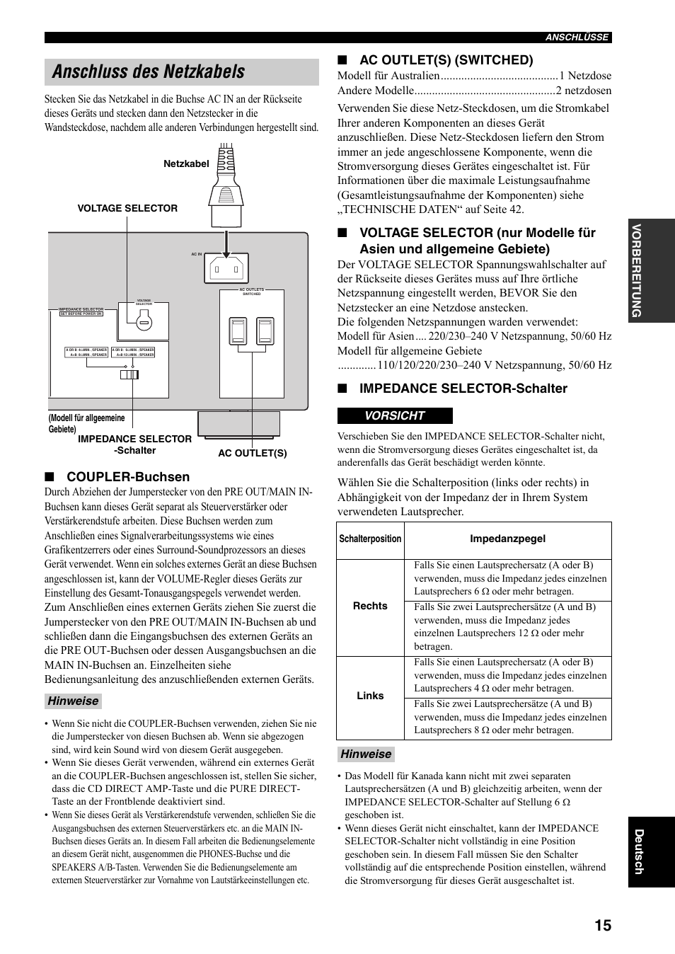 Anschluss des netzkabels, Siehe seite 15 f, En siehe seite 15 | Siehe seite 15 für, Elheiten siehe seite 15, Coupler-buchsen, Ac outlet(s) (switched), Impedance selector-schalter, Hinweise, Hinweise vorsicht | Yamaha RX-797 User Manual | Page 105 / 266