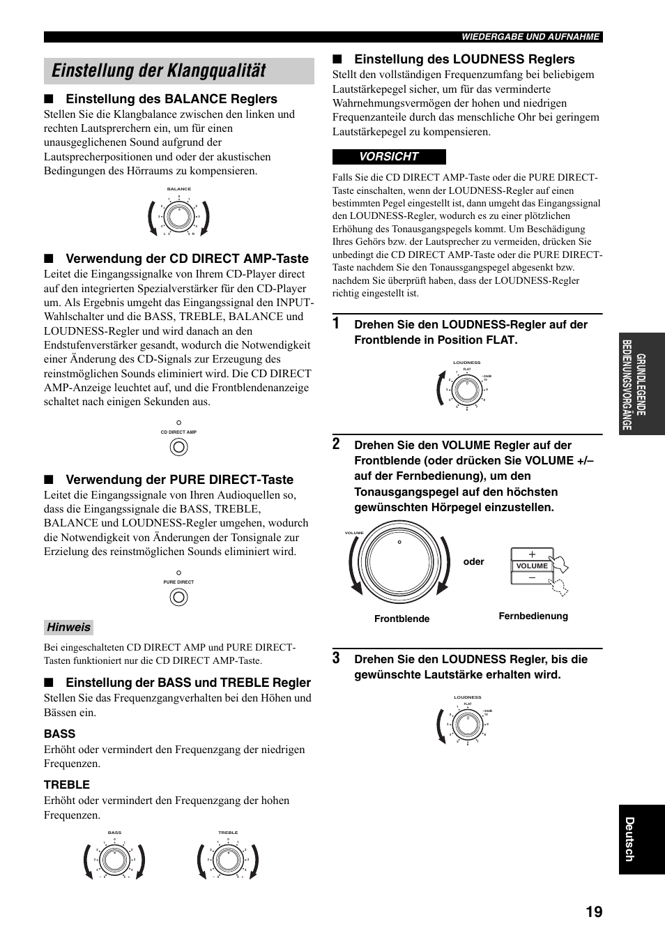 Einstellung der klangqualität, He seite 19, Ren (siehe seite 19) | Einstellung des balance reglers, Verwendung der cd direct amp-taste, Verwendung der pure direct-taste, Einstellung der bass und treble regler, Einstellung des loudness reglers, De utsc h g rundl egende bedienun gsv o rg äng e, Hinweis | Yamaha RX-797 User Manual | Page 109 / 266