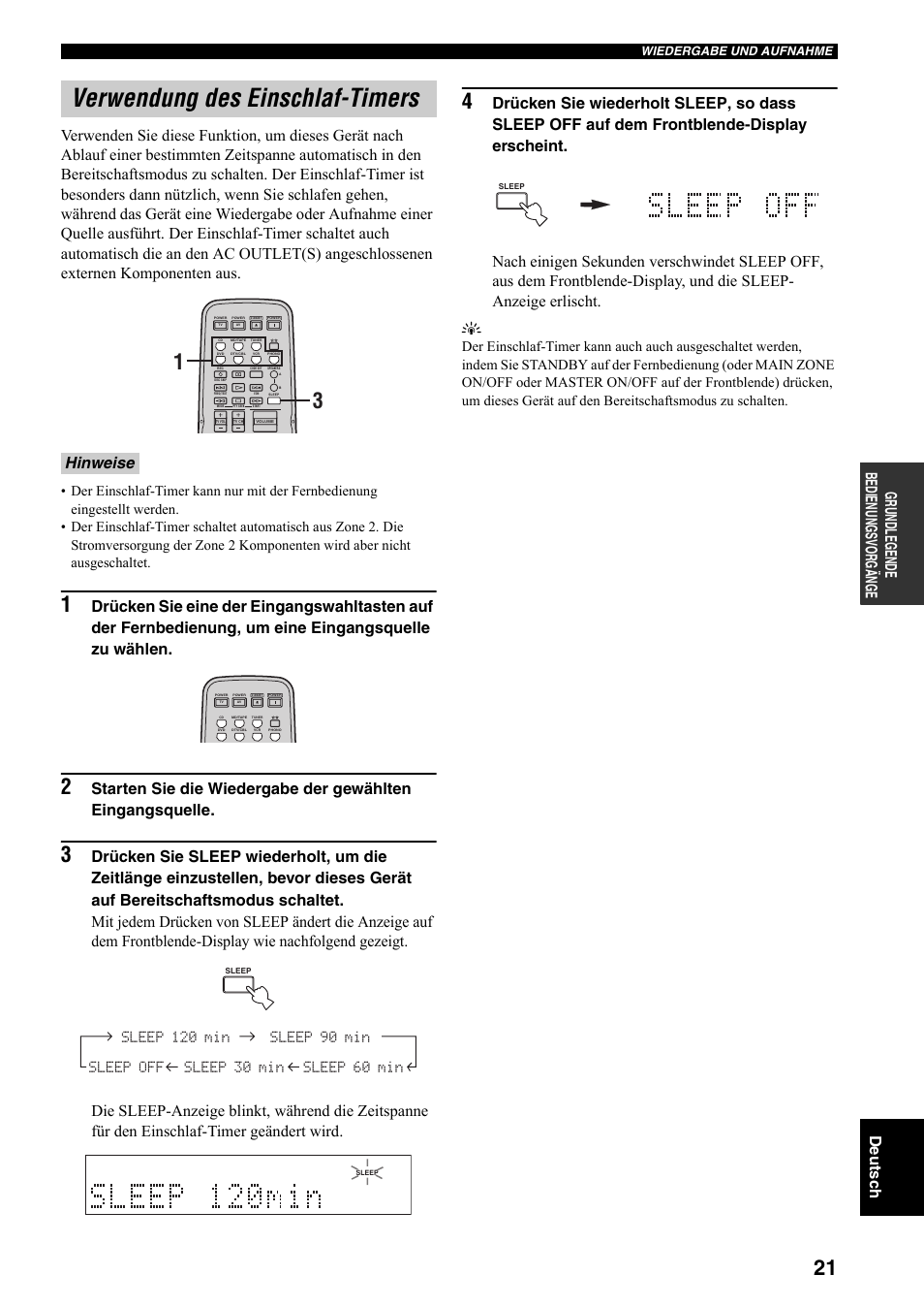 Verwendung des einschlaf-timers, Hinweise | Yamaha RX-797 User Manual | Page 111 / 266