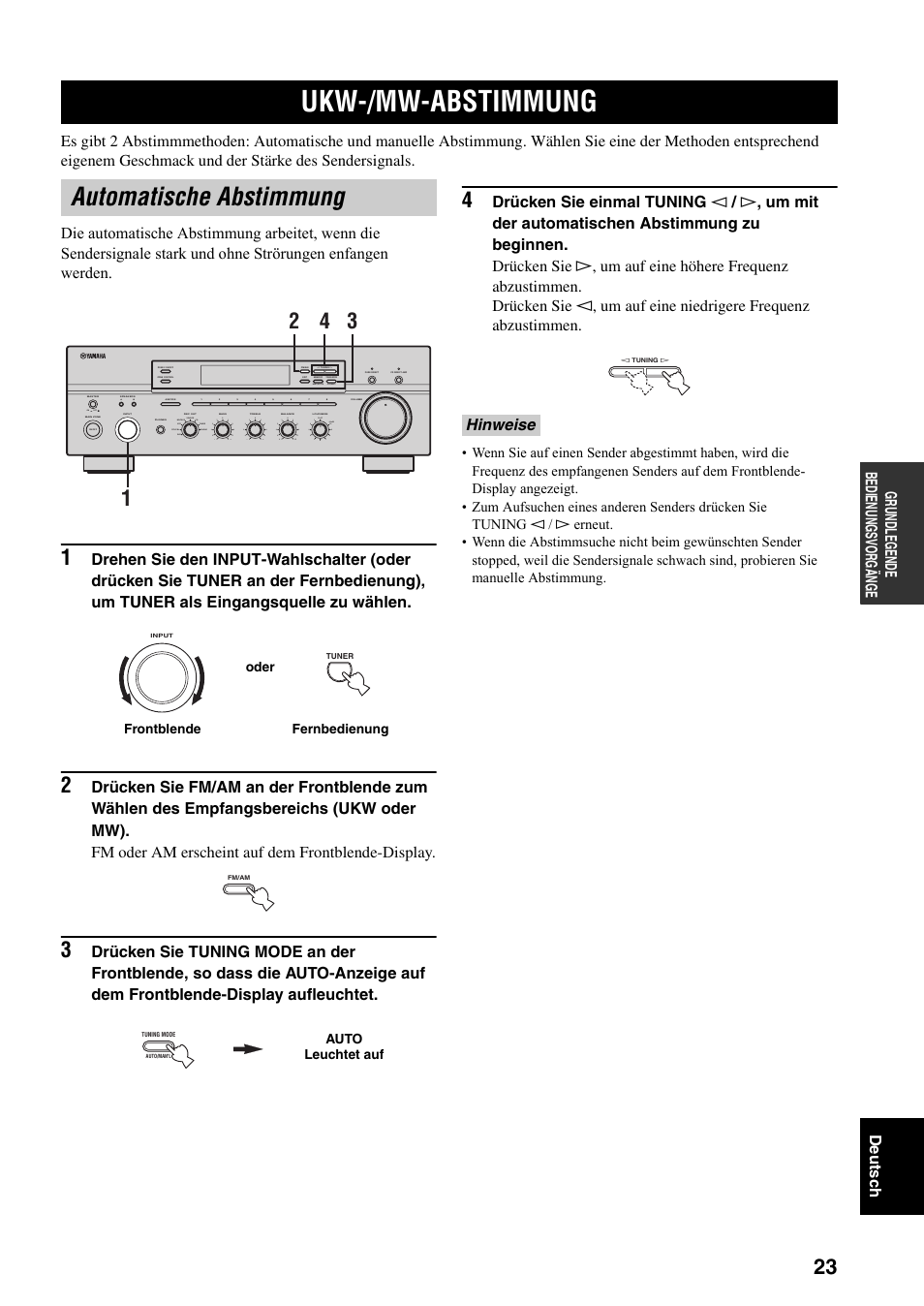 Ukw-/mw-abstimmung, Automatische abstimmung, Seite 23) | T (siehe seite 23), Hinweise | Yamaha RX-797 User Manual | Page 113 / 266