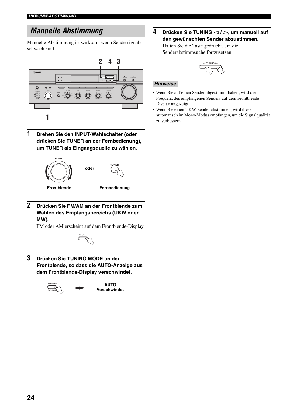 Manuelle abstimmung, Hinweise, On off | Man'l/auto fm, Auto/man'l b a, Md/tape source cd dvd vcr tuner dtv/cbl phono | Yamaha RX-797 User Manual | Page 114 / 266